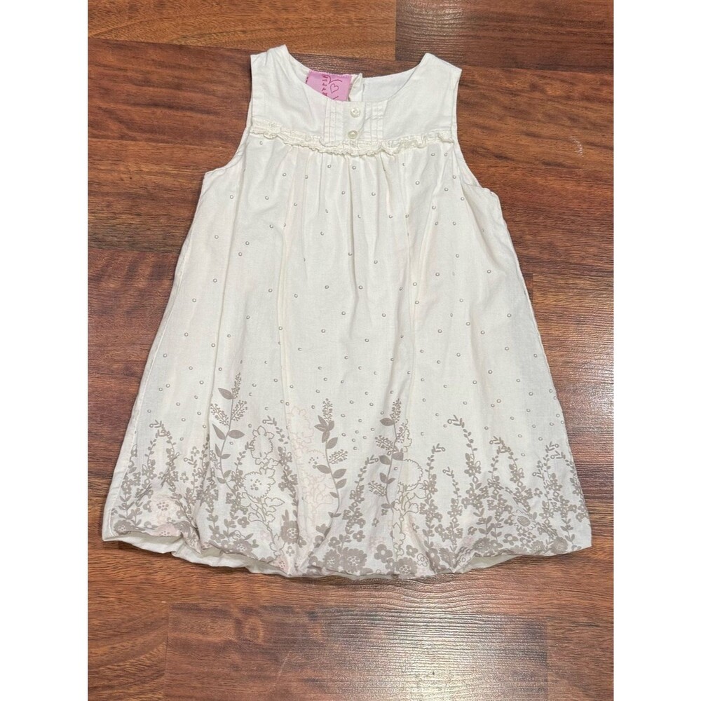 Cutey Couture - White Floral Border Tank Dress with Bubble Hem and Gray Flowers